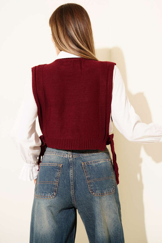 Knitted Short Sweater with Tie Sides, Burgundy