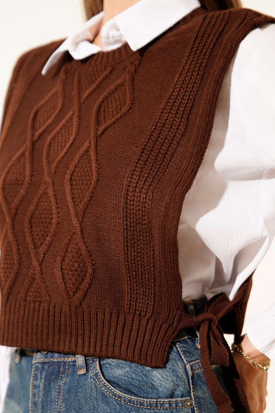 Knitted Short Sweater with Tie Sides, Coffee
