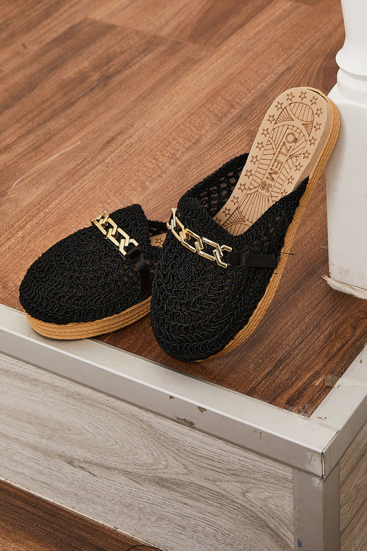 Örme Zincir Toka Detaylı Terlik Siyah