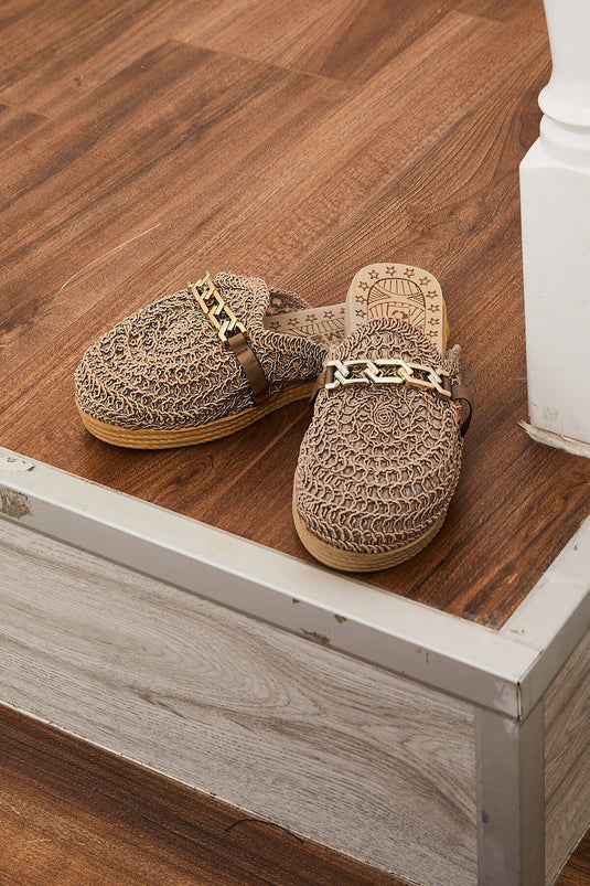 Örme Zincir Toka Detaylı Terlik Vizon