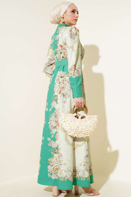 Robe boutonnée à motif authentique vert amande