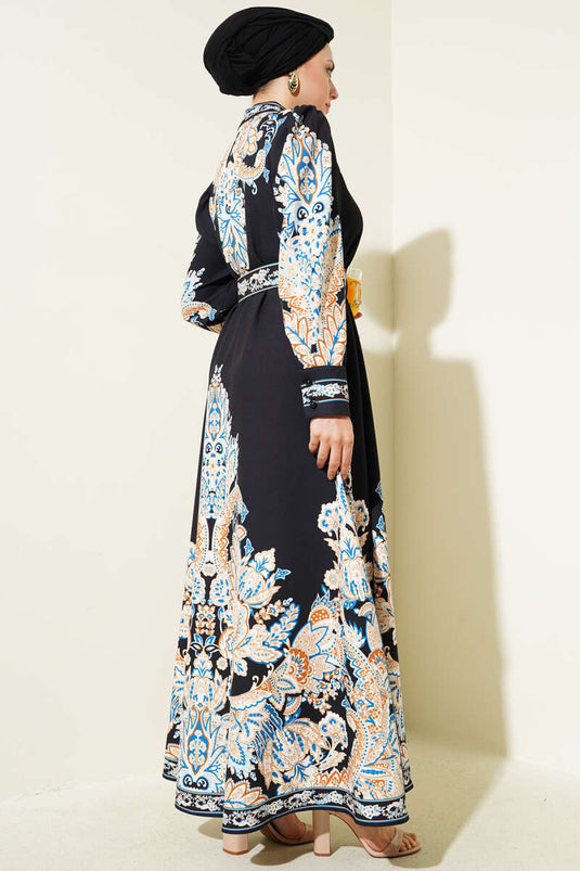 Authentic Pattern Buttoned Dress Black