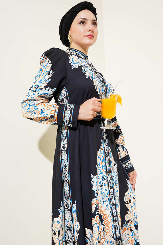 Authentic Pattern Buttoned Dress Black