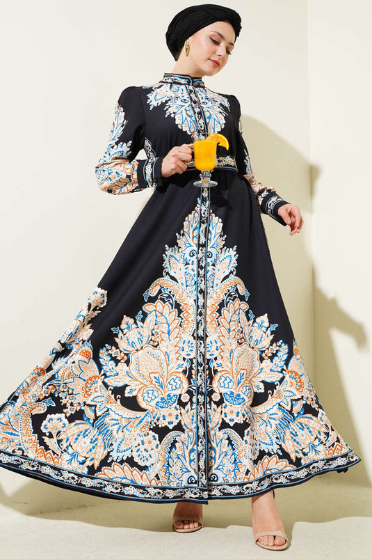 Authentic Pattern Buttoned Dress Black