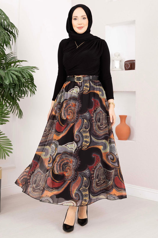 Authentic Pattern Belted Chiffon Skirt Khaki