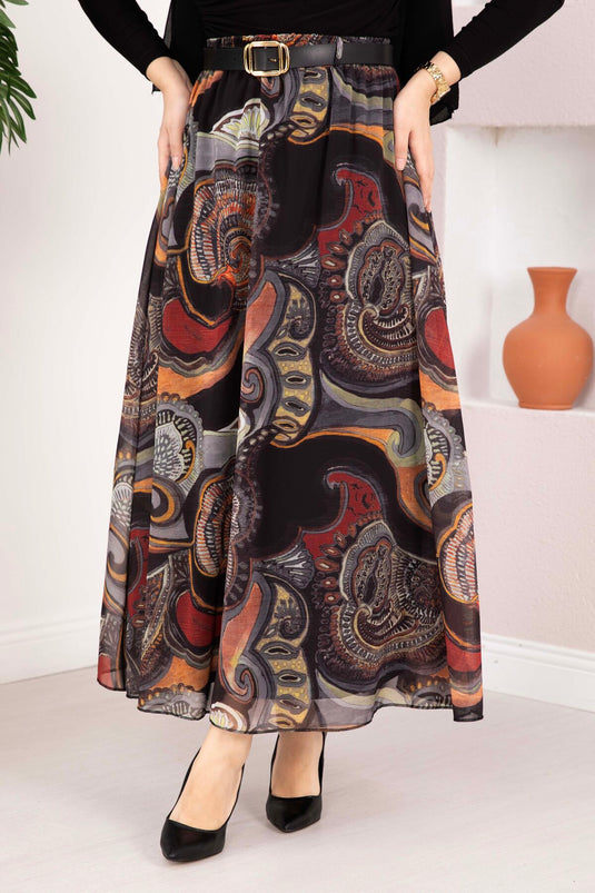 Authentic Pattern Belted Chiffon Skirt Khaki