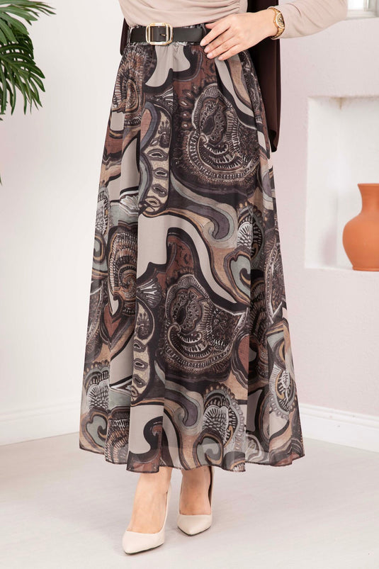 Authentic Pattern Belted Chiffon Skirt Brown