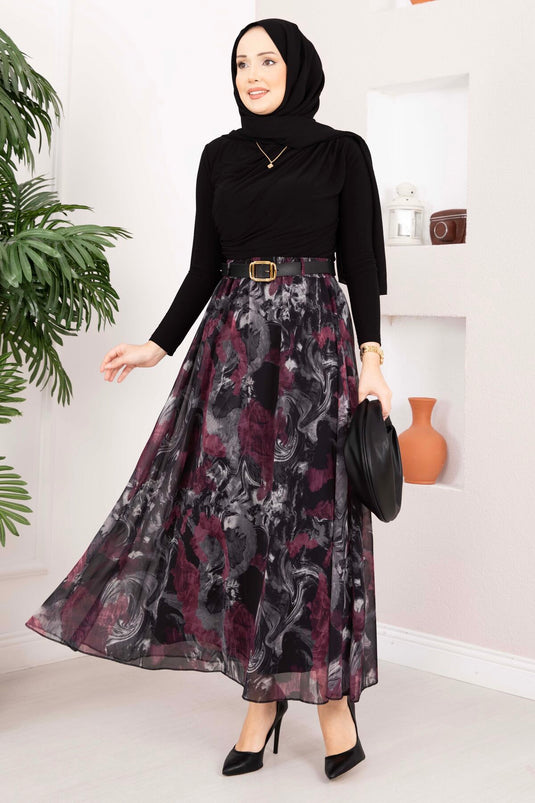 Authentic Patterned Belted Chiffon Skirt Black
