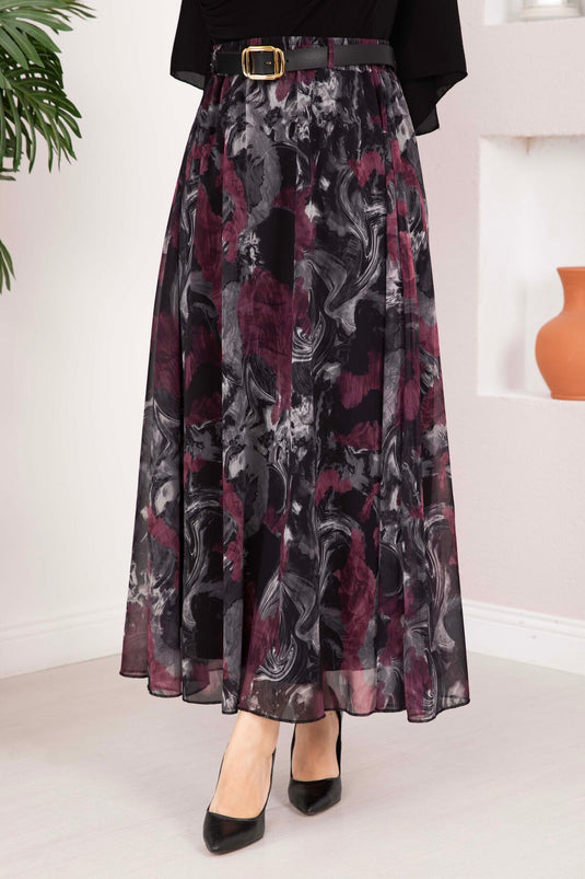 Authentic Patterned Belted Chiffon Skirt Black