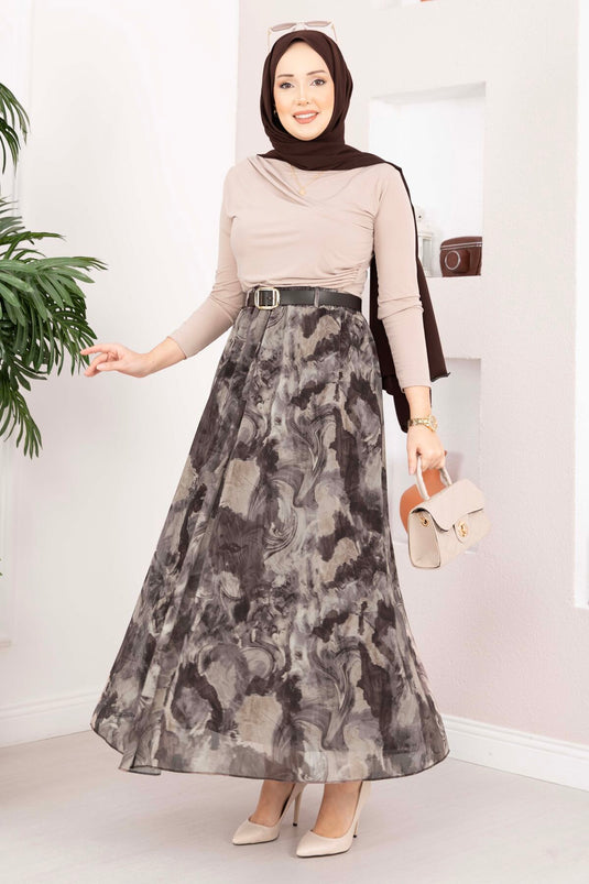 Authentic Pattern Belted Chiffon Skirt Mink