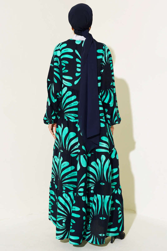 Authentic Patterned Fringed Dress Black Green