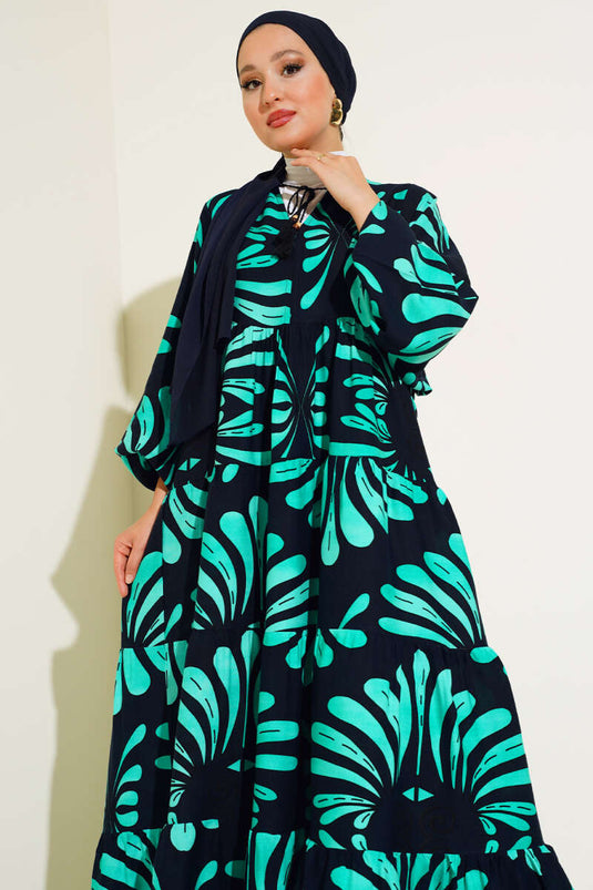 Authentic Patterned Fringed Dress Black Green