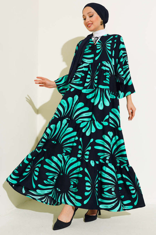 Authentic Patterned Fringed Dress Black Green