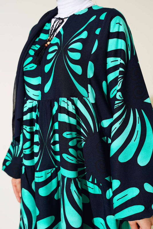 Authentic Patterned Fringed Dress Black Green