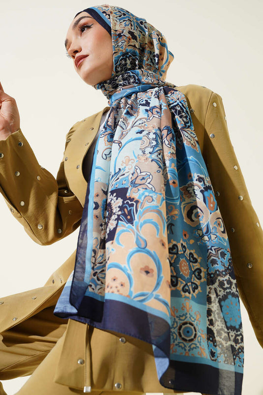 وشاح مزخرف بنقوش زهور أصلية، أزرق داكن