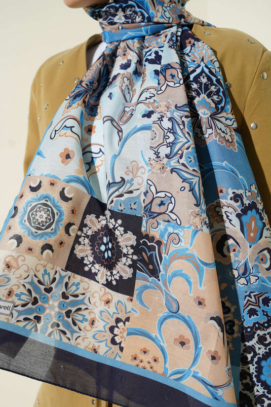 وشاح مزخرف بنقوش زهور أصلية، أزرق داكن