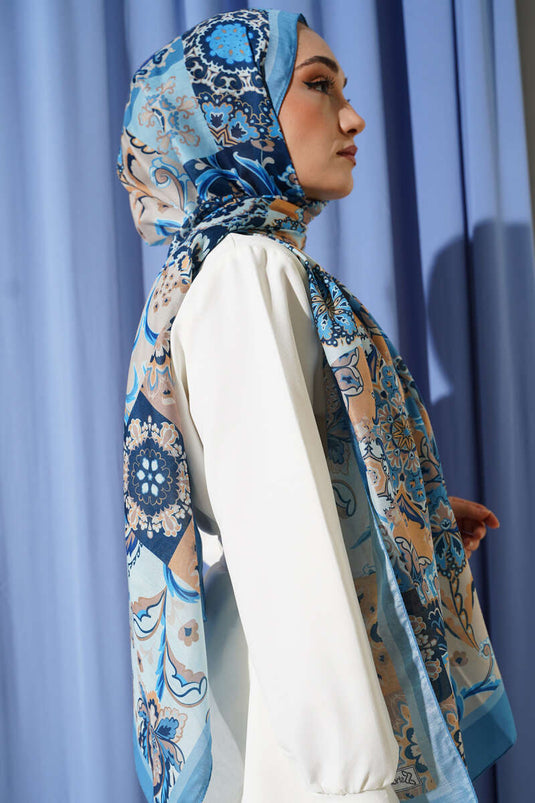 Otantik Desenli Çiçekli Şal Soft Mavi