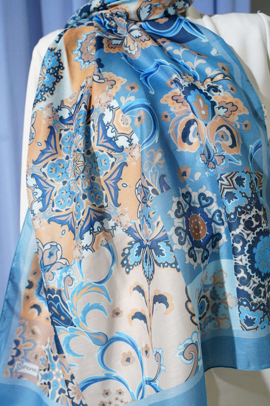 Otantik Desenli Çiçekli Şal Soft Mavi