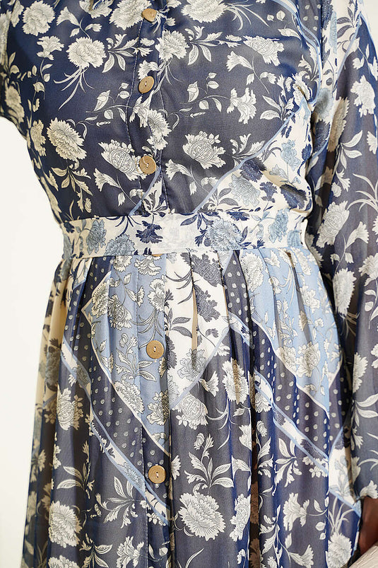 Robe En Chiffon À Motifs Vintage Bleu Marine