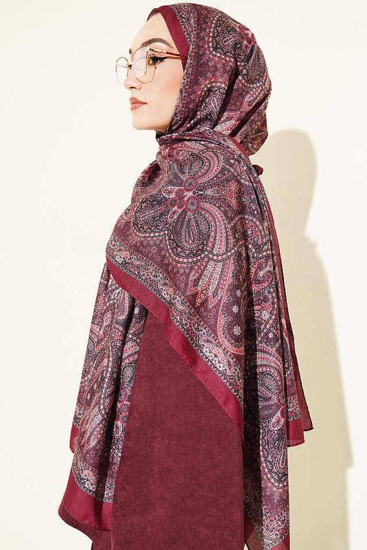 Burgundy Patterned Shawl With Vintage Motifs