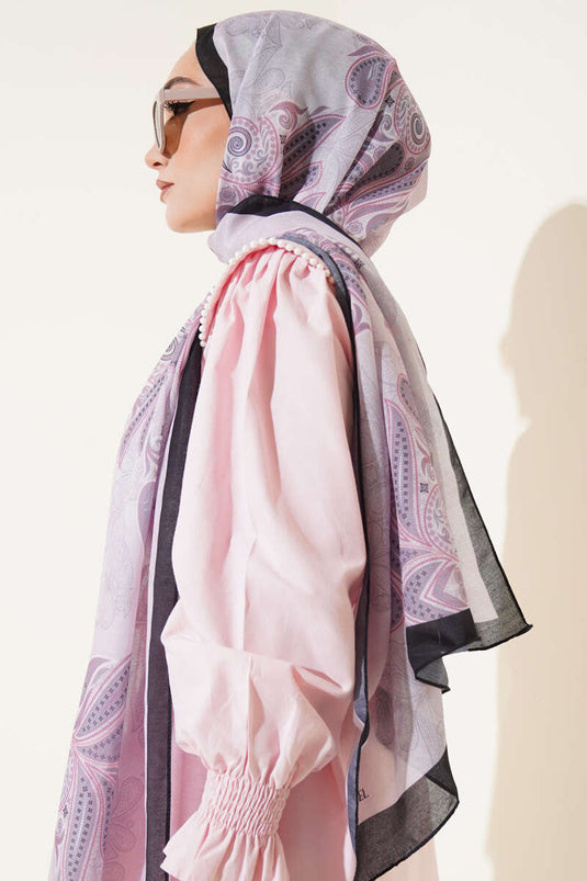 Otantik Yaprak Desen Şal Siyah Gri