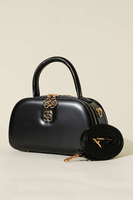 حقيبة بيضاوية سوداء بسحاب مزدوج