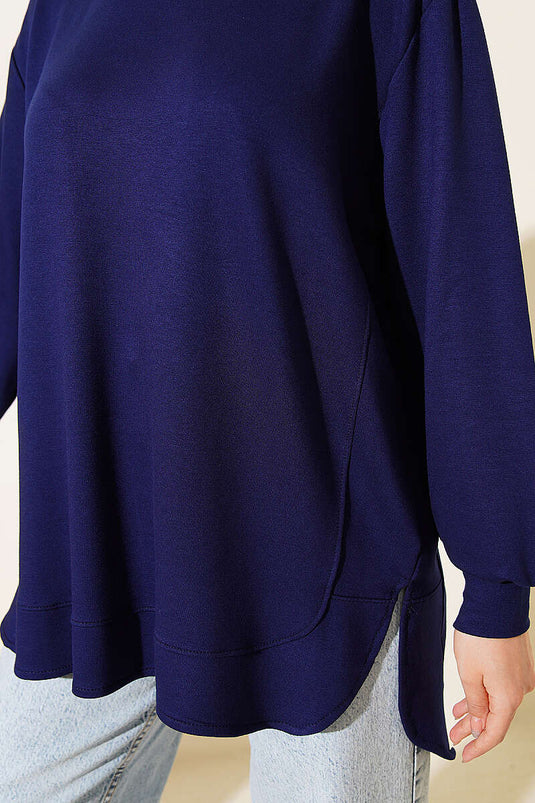 Oval Dikişli Loyşa Tunik Lacivert