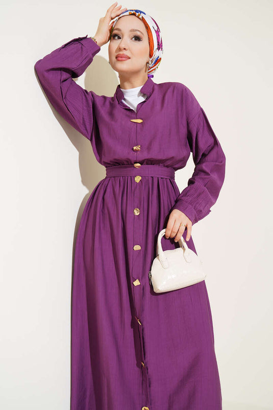 Oval Düğmeli Elbise Mor