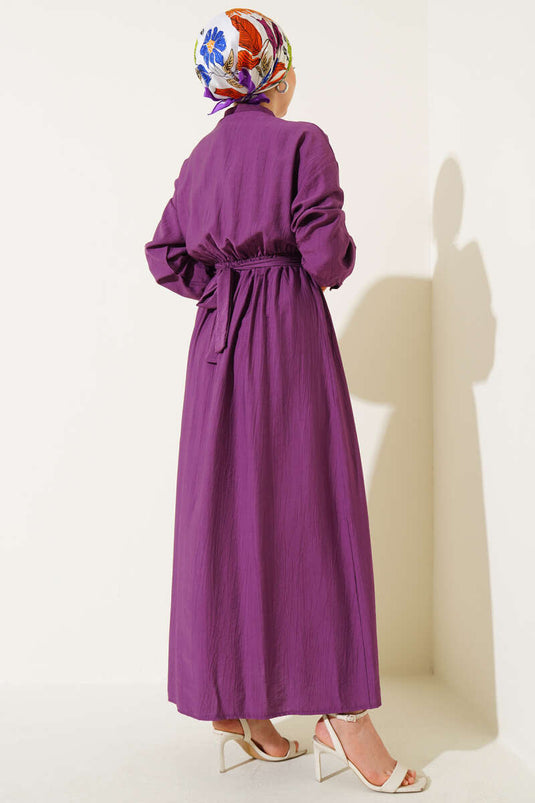 Oval Düğmeli Elbise Mor