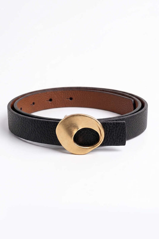 Oval Gold Buckle Detailed Thin Belt Black
