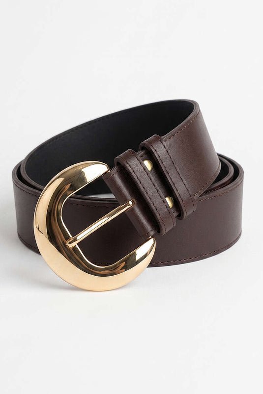 Oval Gold Buckle Belt Dark Brown
