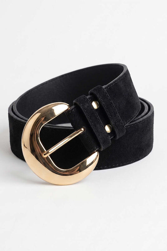 Oval Gold Buckle Belt Black Suede