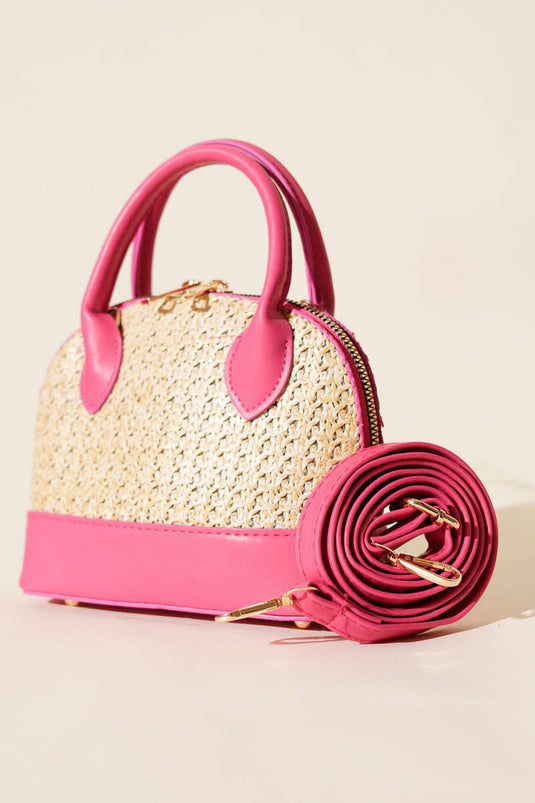 Oval Hasır Detaylı Çanta Fusya