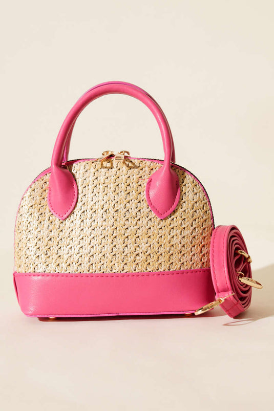 Oval Hasır Detaylı Çanta Fusya