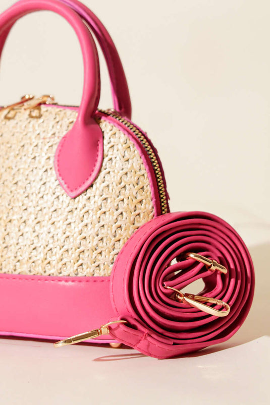 Oval Hasır Detaylı Çanta Fusya