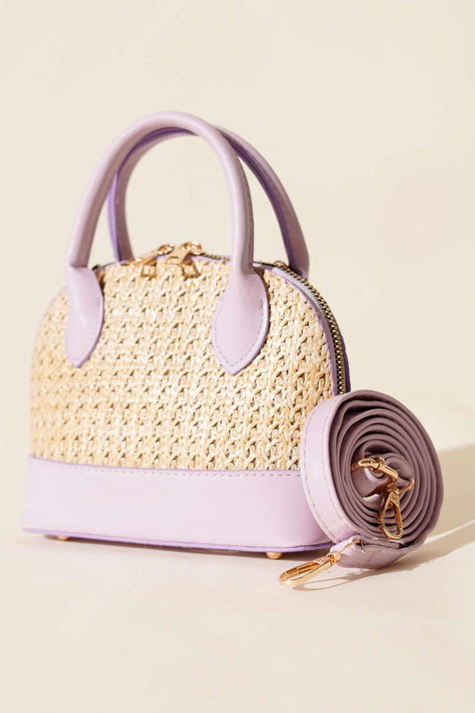 Oval Hasır Detaylı Çanta Lila