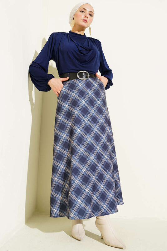 Oval Kemer Tokalı Ekoseli Etek Lacivert