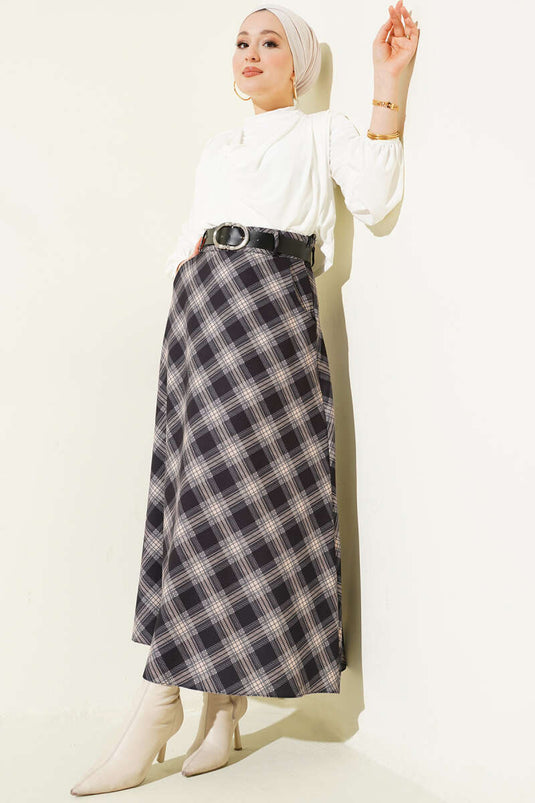 Oval Kemer Tokalı Ekoseli Etek Siyah