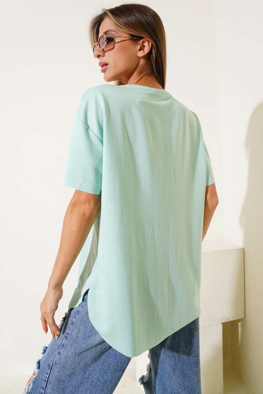 T-shirt à coupe ovale, vert d'eau