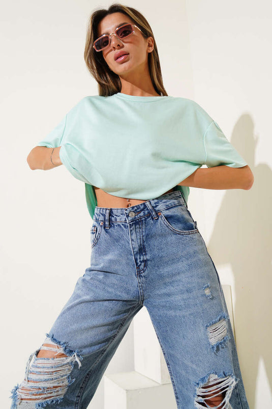 T-shirt à coupe ovale, vert d'eau