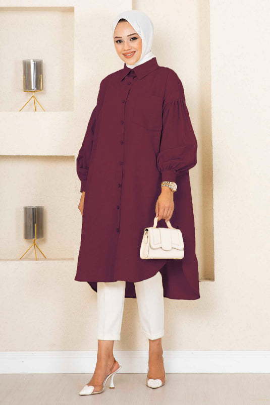 Oval geschnittene Kopftuchbluse Tunika Bordeaux