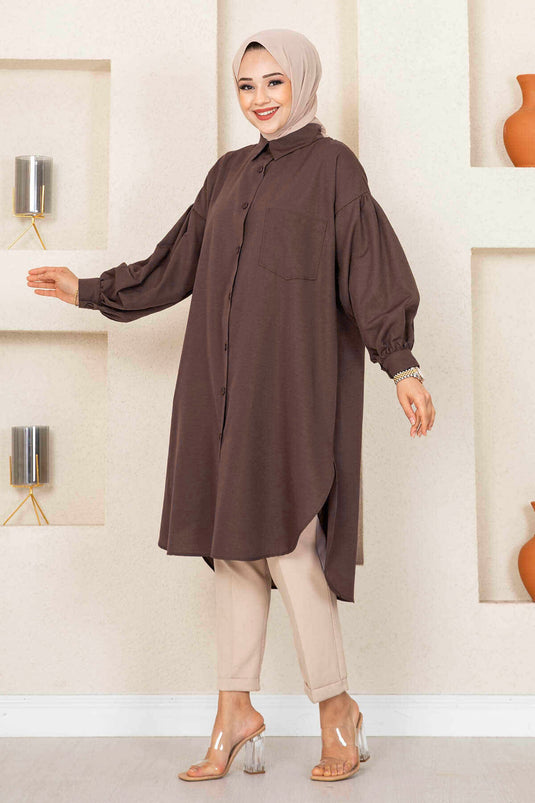 Chemise tunique voilée à coupe ovale marron
