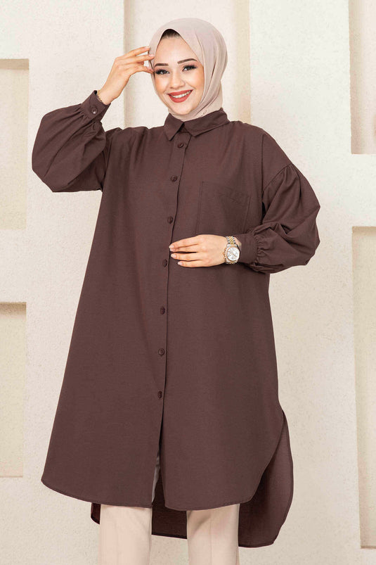 Oval Kesim Tesettür Gömlek Tunik Kahve