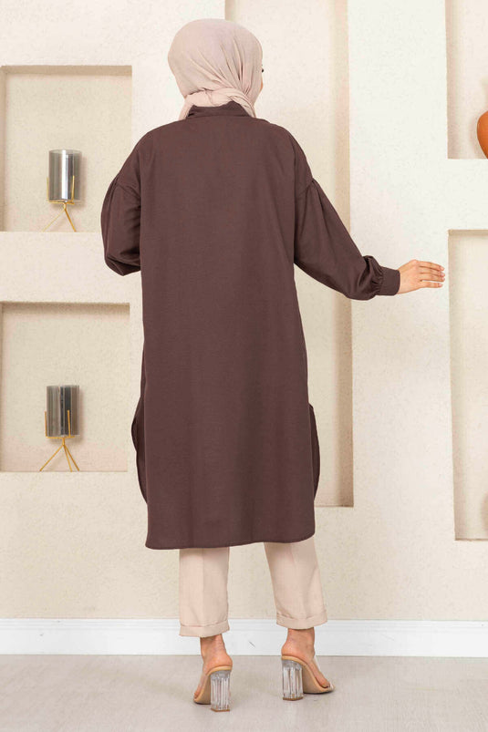 Oval Kesim Tesettür Gömlek Tunik Kahve
