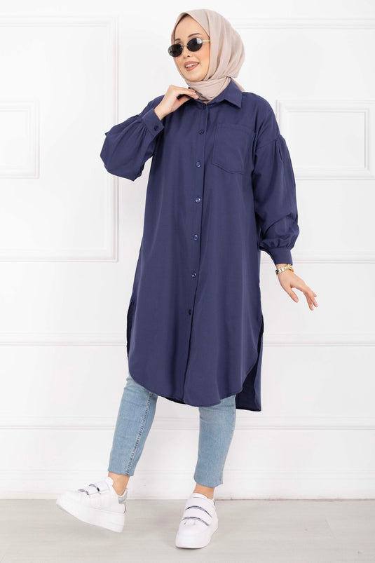 Oval Kesim Tesettür Gömlek Tunik Lacivert