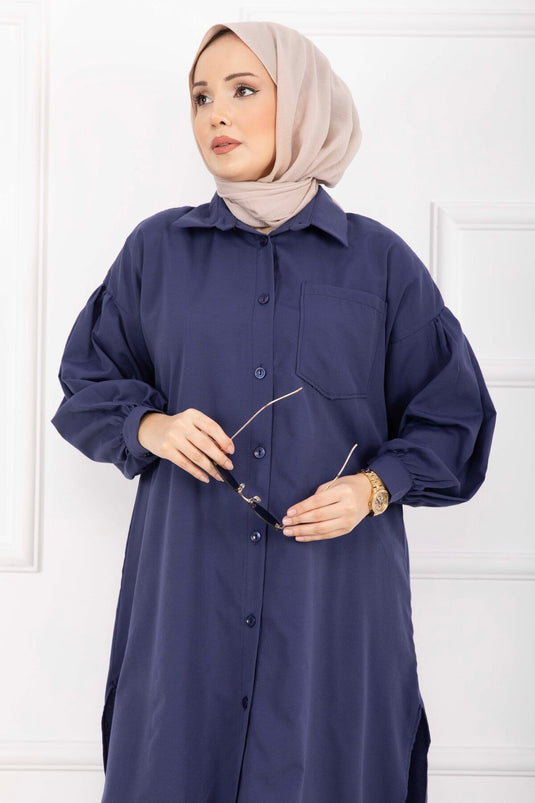 Oval Kesim Tesettür Gömlek Tunik Lacivert