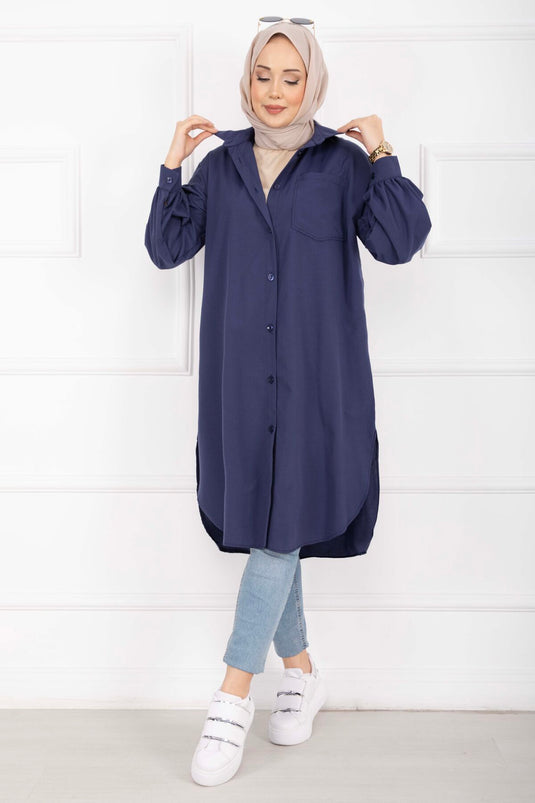 Oval Kesim Tesettür Gömlek Tunik Lacivert