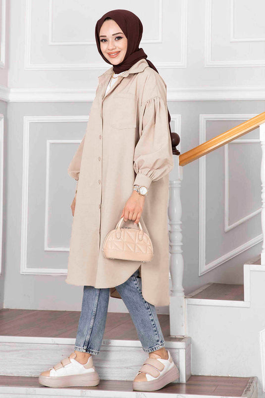 Tunica camicia coprente a taglio ovale color pietra