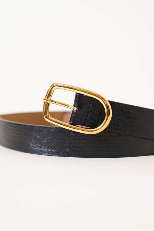 حزام بيضاوي بمشبك معدني أسود ذهبي