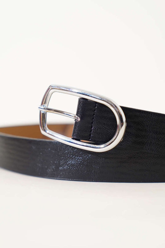 Oval Metal Buckle Belt Black Silver